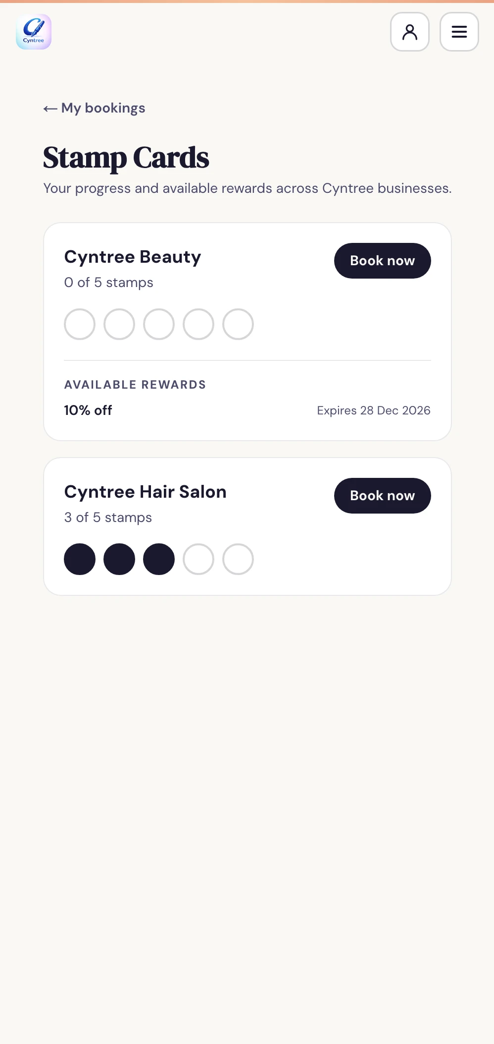 Cyntree client portal Stamp Cards page. Cyntree Beauty shows a fresh card at 0 of 5 stamps with a 10% off reward available until 28 Dec 2026; Cyntree Hair Salon shows 3 of 5 stamps. Each card has a Book now button.