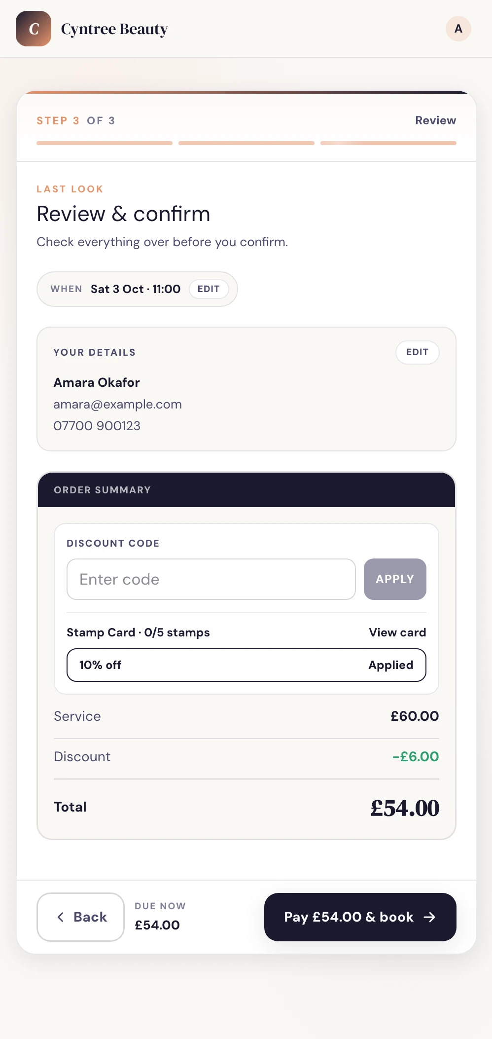 Cyntree booking Review and confirm step for Cyntree Beauty. The order summary shows Stamp Card 0 of 5 stamps with a 10% off reward marked Applied, a £60.00 service, a £6.00 discount and a £54.00 total, with a Pay £54.00 and book button.