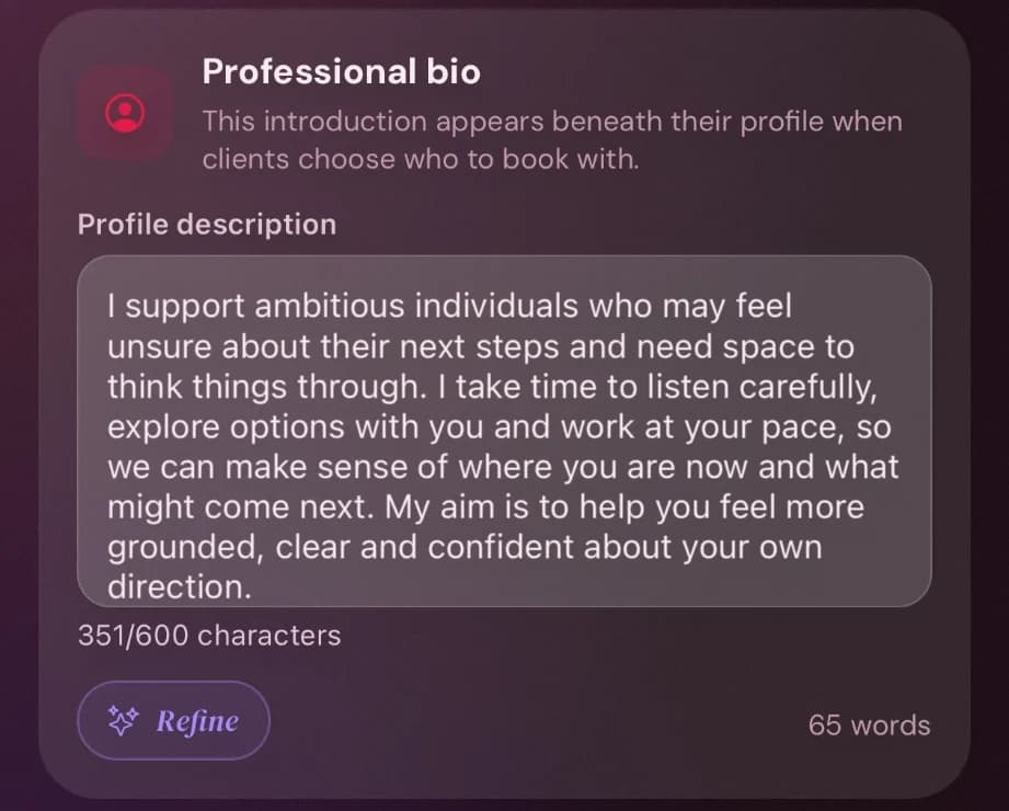 Cyntree professional bio editor with a 65-word profile description and a Refine button, shown beneath the professional's profile when clients choose who to book with.
