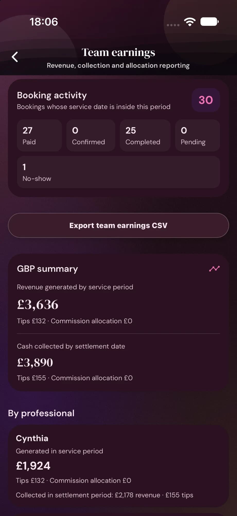 Cyntree Team earnings report with booking activity counts, a GBP summary of revenue, tips and commission allocation, an Export team earnings CSV button, and a breakdown by professional.