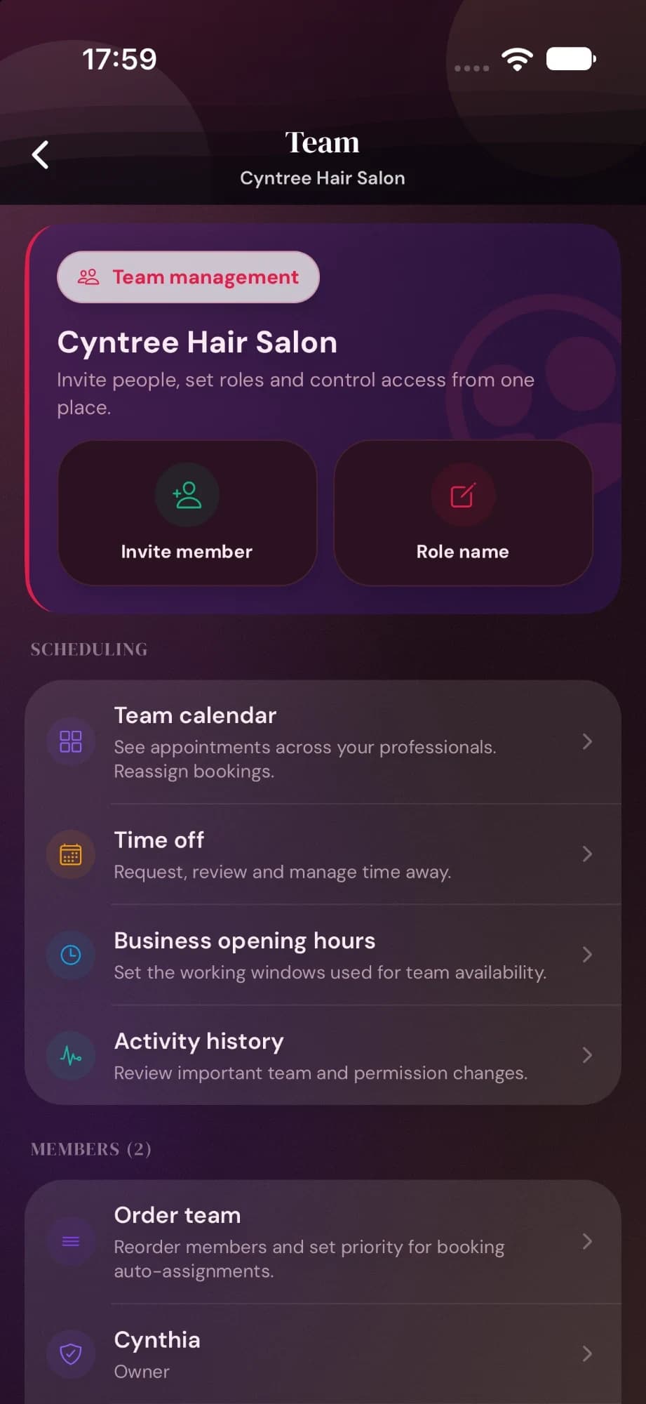 Cyntree Team screen for Cyntree Hair Salon with Invite member and Role name, scheduling links for Team calendar, Time off, Business opening hours and Activity history, and the member list.