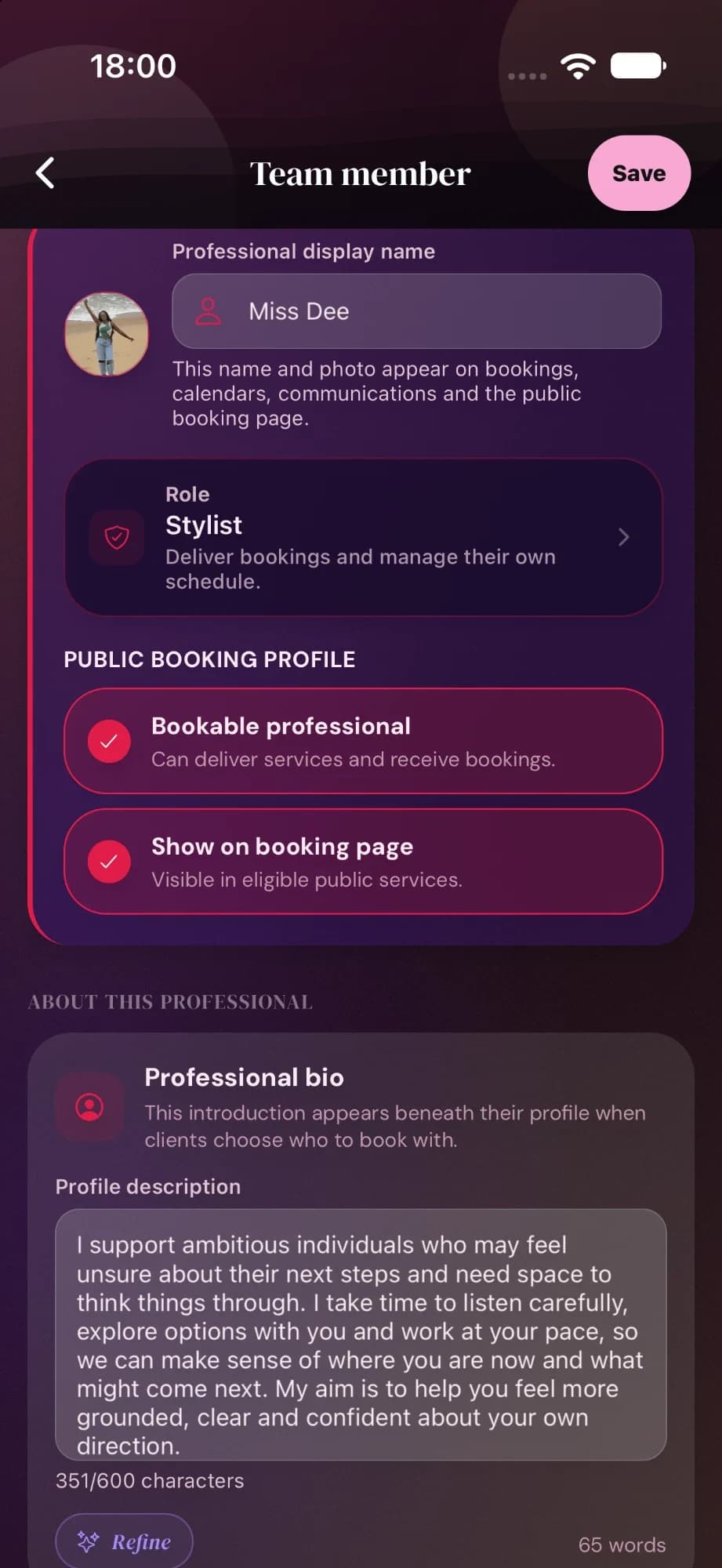 Cyntree team member screen for Miss Dee with her display name and photo, the Stylist role, and switches for Bookable professional and Show on booking page.