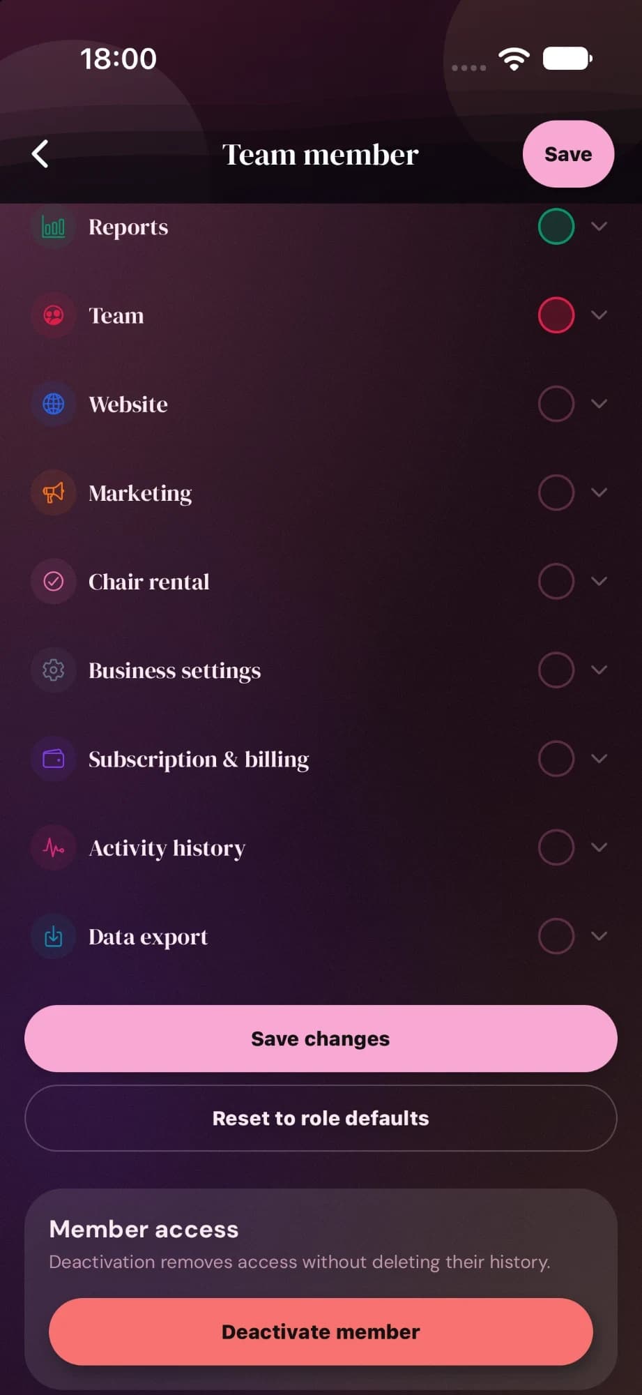 The rest of the permissions list, from Reports and Team to Subscription and billing, Activity history and Data export, with Save changes, Reset to role defaults and Deactivate member.