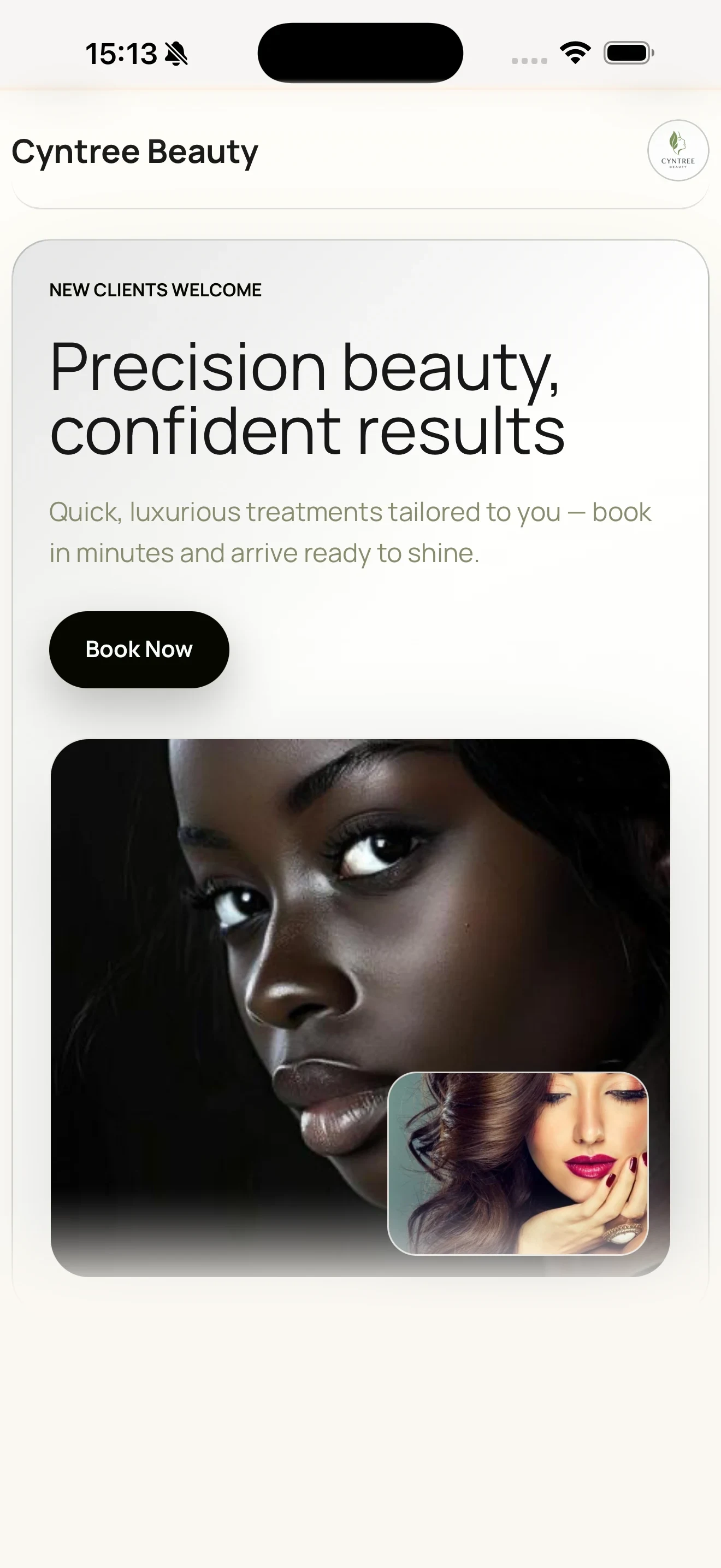 AI-generated Cyntree booking website with confident editorial styling.
