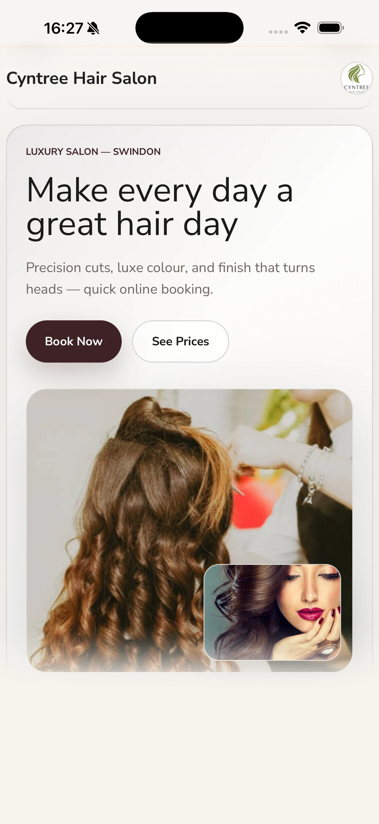 AI-generated Cyntree booking website with luxury hair salon styling.