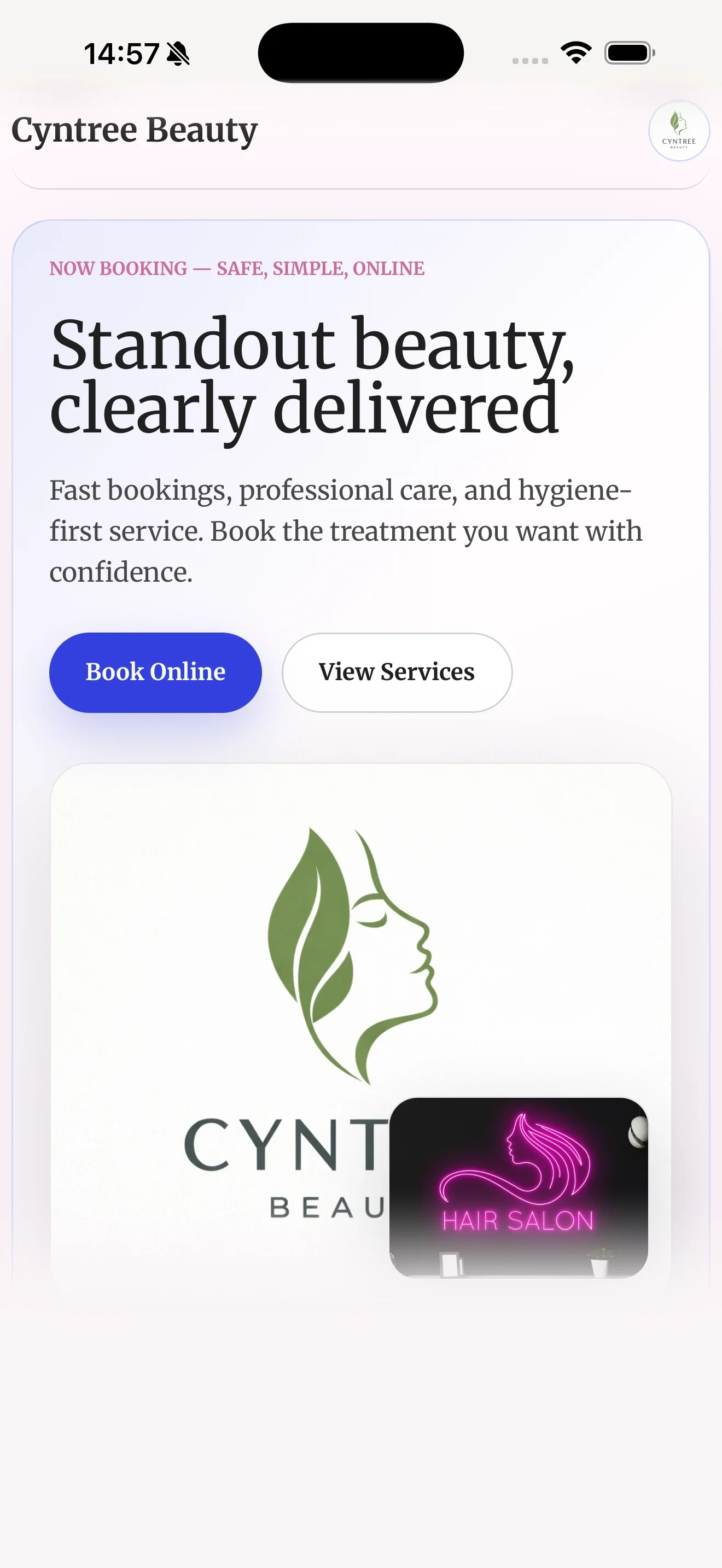 AI-generated Cyntree booking website with soft pink beauty branding.