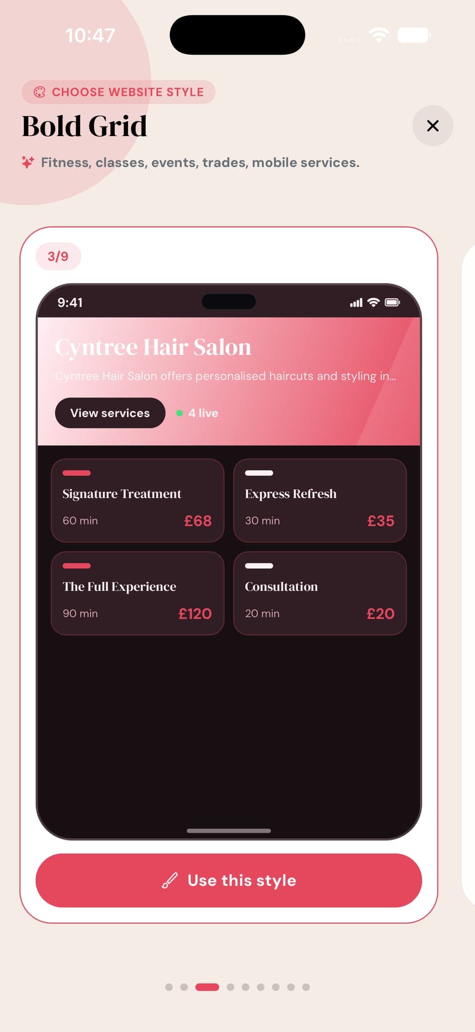 Cyntree choose website style carousel previewing the Bold Grid layout, third of nine, with a live booking-page preview and a Use this style button.