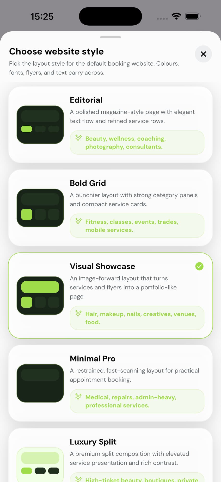 Cyntree choose website style sheet showing six layout options: Editorial, Bold Grid, Visual Showcase, Minimal Pro, Luxury Split, and another option.