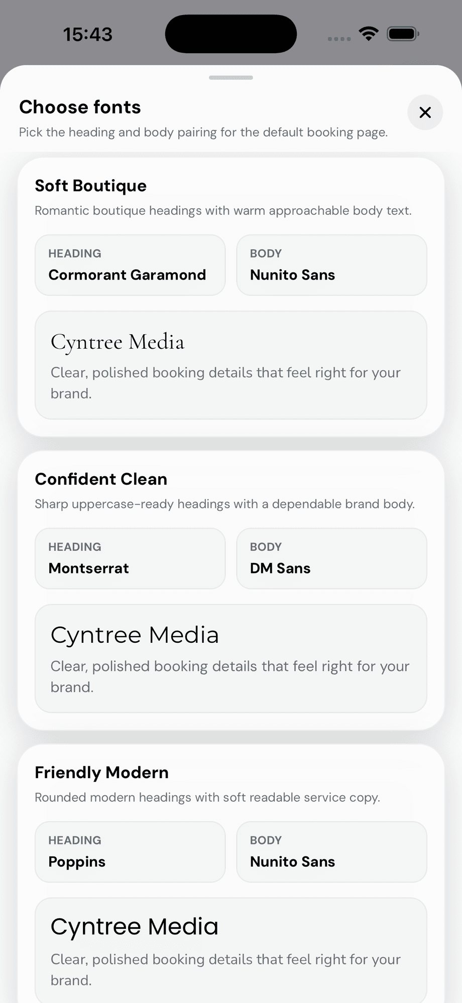 Cyntree Choose fonts sheet showing Soft Boutique, Confident Clean, and Friendly Modern font pairings each with a live preview.