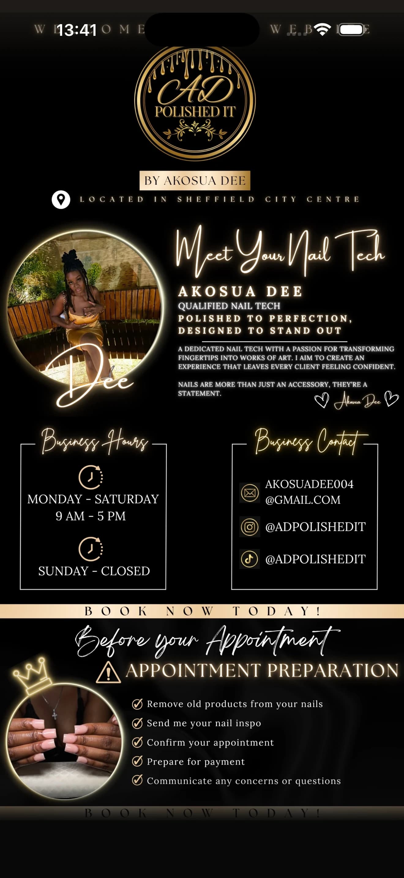 Template-built Cyntree booking website using black and gold nail tech branding.