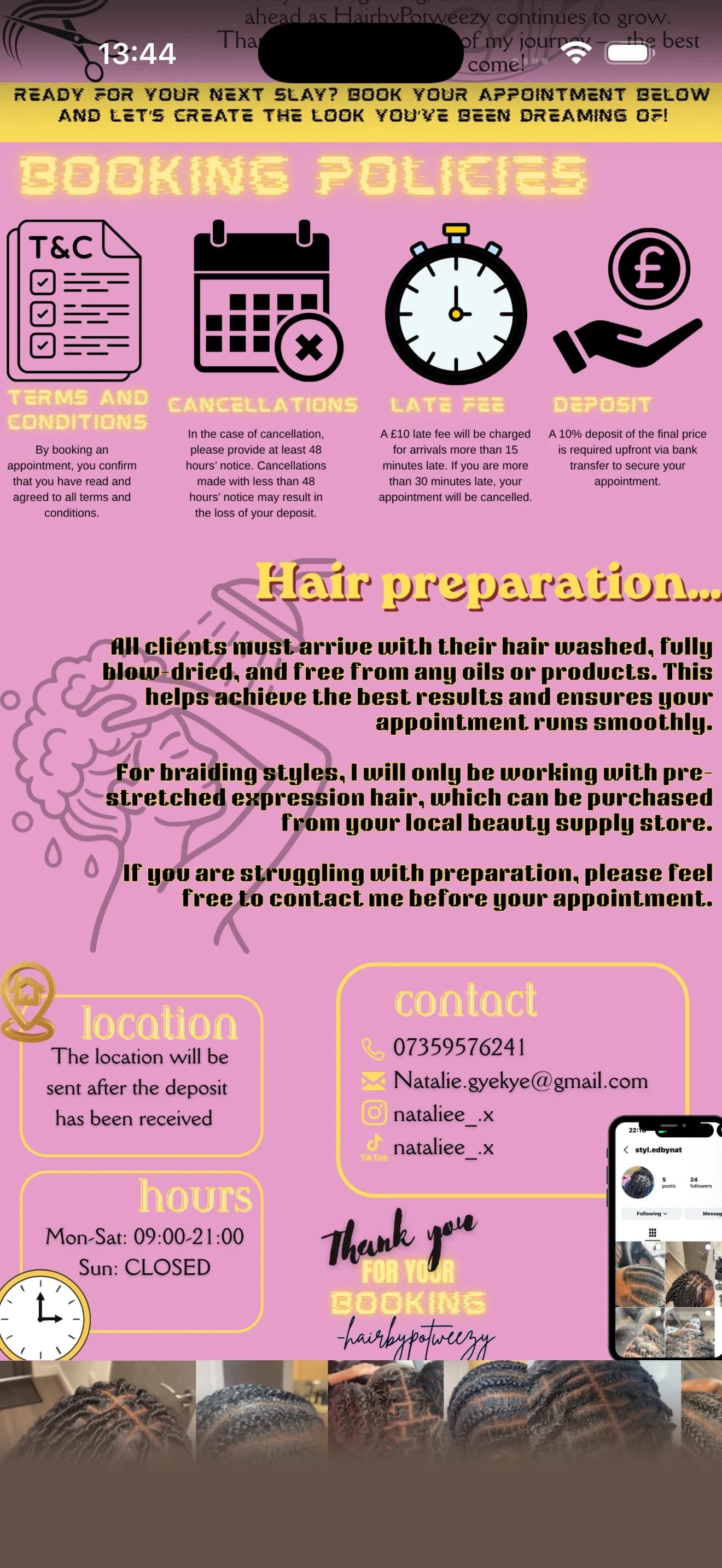 Template-built Cyntree booking website showing hair stylist booking policy pages.