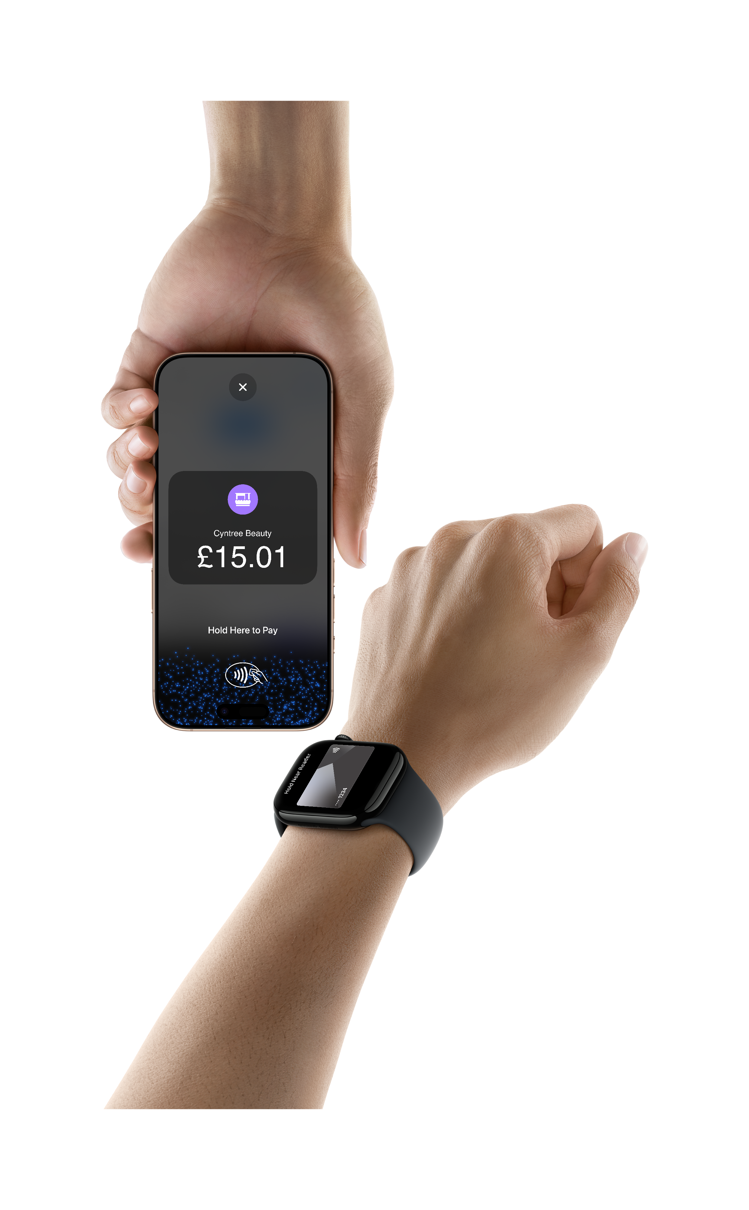 A customer holds an Apple Watch up to an iPhone to pay using Tap to Pay on iPhone.